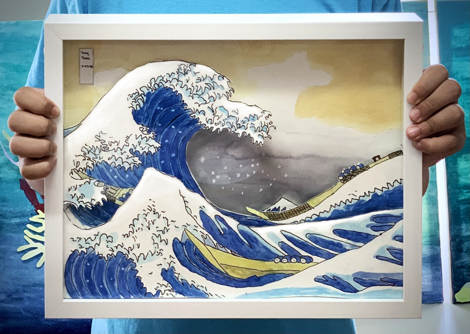 The Great Wave Watercolor Painting in 3D by Tony Y. (7th Grader) during the 2022 Summer Camp
